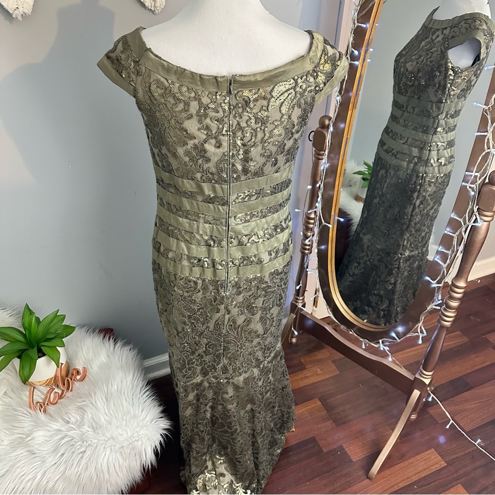 Tadashi Shoji Lace Sequin Gown in Gold and Olive - Picture 9 of 12